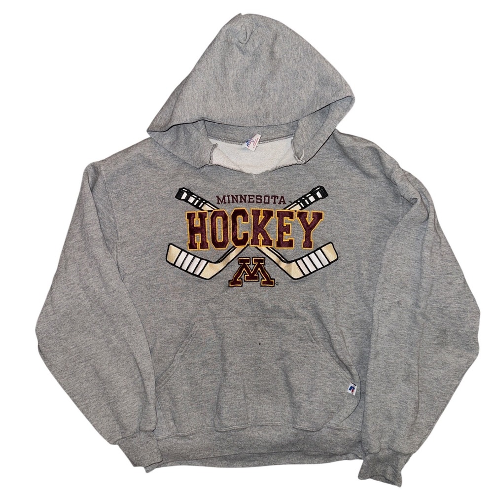 Vintage Russell Athletic Minnesota Hockey Hoodie Gray Pullover Sweatshirt Mens M